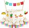 43 Pcs Fiesta Cupcake Topper and Picado Banner for Fiesta Party Decorations Mexican Theme Cake Decorations for Mexican Themed Cactus Donkey Taco Pepper Sombrero Mustache Party Decorations